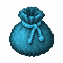 Pixel art illustration of a light blue dyed bundle pouch tied with string