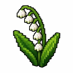 Pixel art illustration of a lily of the valley in chunky voxel game style