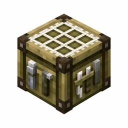 Pixel art illustration of a loom block with woven threads on the top