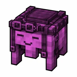 Pixel art illustration of a magenta happy ghast harness with a saddle seat and straps