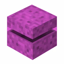 Pixel art illustration of a magenta shulker box with a raised clam-shell lid