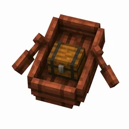 Pixel art illustration of a red-brown mangrove boat with a chest strapped in the middle