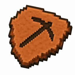 Pixel art illustration of a terracotta pottery sherd engraved with a pickaxe pictograph