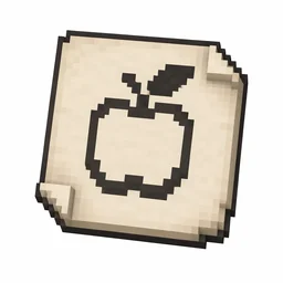 Pixel art illustration of a paper banner pattern printed with a blocky fruit logo emblem