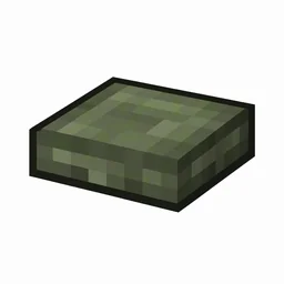 Pixel art illustration of a mossy cobblestone slab, a half-height flat block