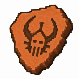 Pixel art illustration of a terracotta pottery sherd engraved with a horned warden face pictograph