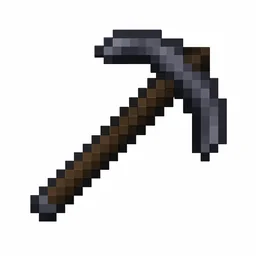 Pixel art illustration of a netherite pickaxe with a dark gray pick head and dark handle