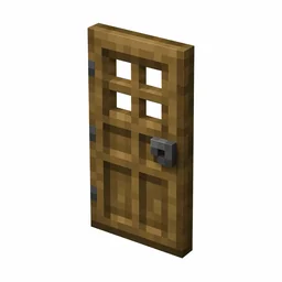 Pixel art illustration of a brown oak wooden door with a small window and an iron handle