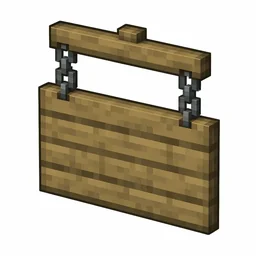 Pixel art illustration of an oak hanging sign board suspended from two gray metal chains