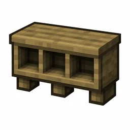 Pixel art illustration of an oak wall shelf with three display cubbies