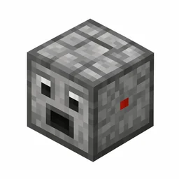 Pixel art illustration of an observer block with a quirky watching face and a small red output dot