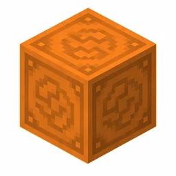 Pixel art illustration of an orange glazed terracotta block with a swirling ornate pattern