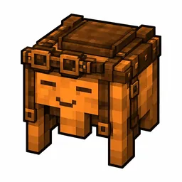 Pixel art illustration of an orange happy ghast harness with a saddle seat and straps