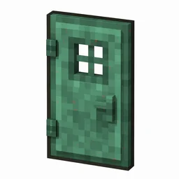 Pixel art illustration of a copper door with a full teal-green patina over copper metal