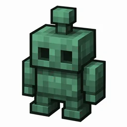 Pixel art illustration of a copper golem statue with a full teal-green patina over copper metal