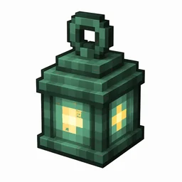 Pixel art illustration of a copper lantern with a full teal-green patina over copper metal