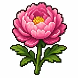 Pixel art illustration of a peony in chunky voxel game style