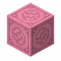 Pixel art illustration of a pink glazed terracotta block with a swirling ornate pattern