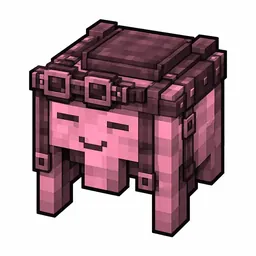 Pixel art illustration of a pink happy ghast harness with a saddle seat and straps
