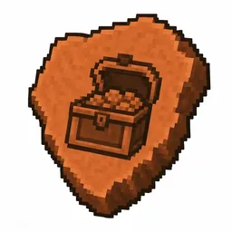 Pixel art illustration of a terracotta pottery sherd engraved with a treasure chest pictograph