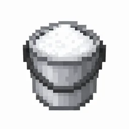 Pixel art illustration of a gray metal bucket filled with fluffy white powder snow