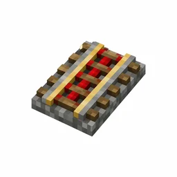 Pixel art illustration of a powered rail with golden rails and a red redstone strip