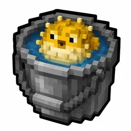 Pixel art illustration of a metal bucket with a live pufferfish inside
