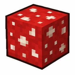 Pixel art illustration of a red mushroom block in chunky voxel game style