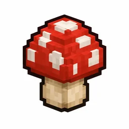 Pixel art illustration of a red mushroom in chunky voxel game style