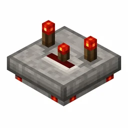 Pixel art illustration of a redstone comparator: a gray stone slab with three glowing red redstone torches