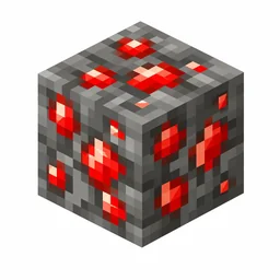 Pixel art illustration of a redstone ore block with glowing red crystals in gray stone
