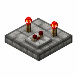 Pixel art illustration of a redstone repeater: a gray stone slab with two glowing red redstone torches