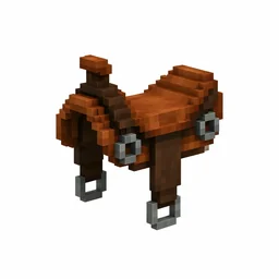 Pixel art illustration of a brown leather saddle with stirrups