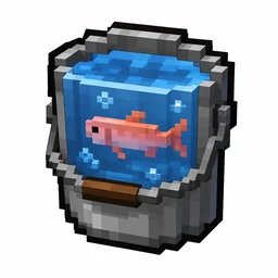 Pixel art illustration of a metal bucket with a live salmon inside
