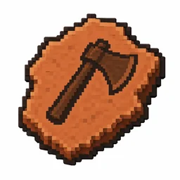 Pixel art illustration of a terracotta pottery sherd engraved with a axe pictograph
