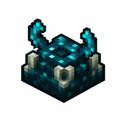 Pixel art illustration of a sculk sensor, a dark teal mound with glowing cyan tendrils