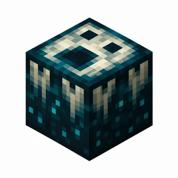 Pixel art illustration of a sculk shrieker, a dark teal cube with a ghostly white face