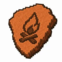 Pixel art illustration of a terracotta pottery sherd engraved with a campfire pictograph
