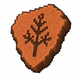 Pixel art illustration of a terracotta pottery sherd engraved with a tree pictograph