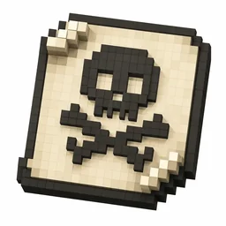 Pixel art illustration of a paper banner pattern printed with a skull and crossbones emblem