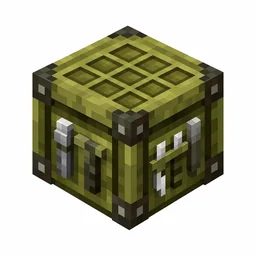 Pixel art illustration of a smithing table block with dark metal tool panels