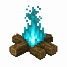 Pixel art illustration of a soul campfire with crossed logs and ghostly teal-blue flames