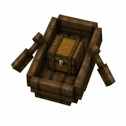 Pixel art illustration of a dark brown spruce boat with a chest strapped in the middle