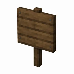 Pixel art illustration of a spruce wooden sign board on a short post