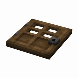 Pixel art illustration of a flat spruce wooden trapdoor with a dark metal ring handle