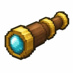 Pixel art illustration of a brass spyglass telescope with glass lenses