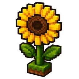 Pixel art illustration of a sunflower in chunky voxel game style