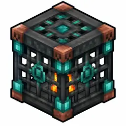 Pixel art illustration of a trial spawner in chunky voxel game style