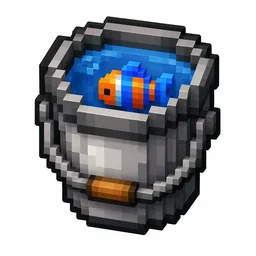 Pixel art illustration of a metal bucket with a live tropical fish inside