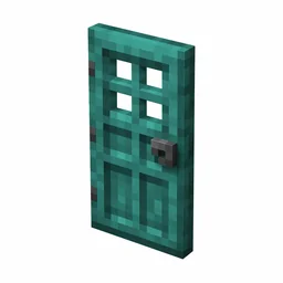 Pixel art illustration of a warped wooden door with window holes and a gray metal handle